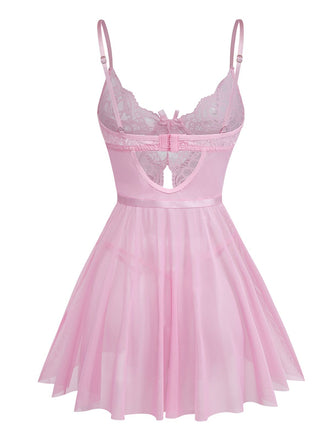 Camicia da notte con spalline sottili in pizzo rosa anni '50