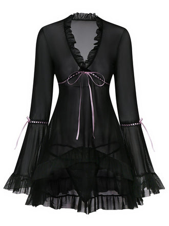 Camicia da notte con volant e fiocco trasparente nero anni '70