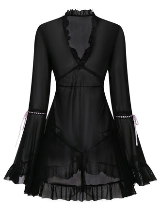 Camicia da notte con volant e fiocco trasparente nero anni '70