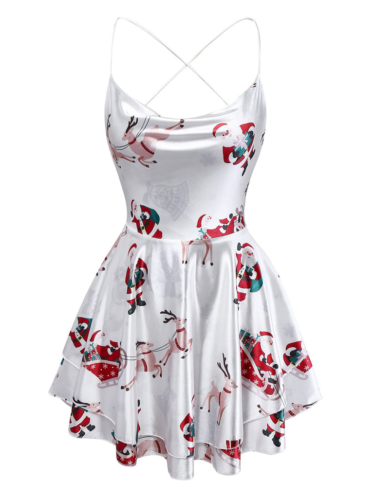 Abito con senza schienale e strati di macchie natalizie bianco anni '60