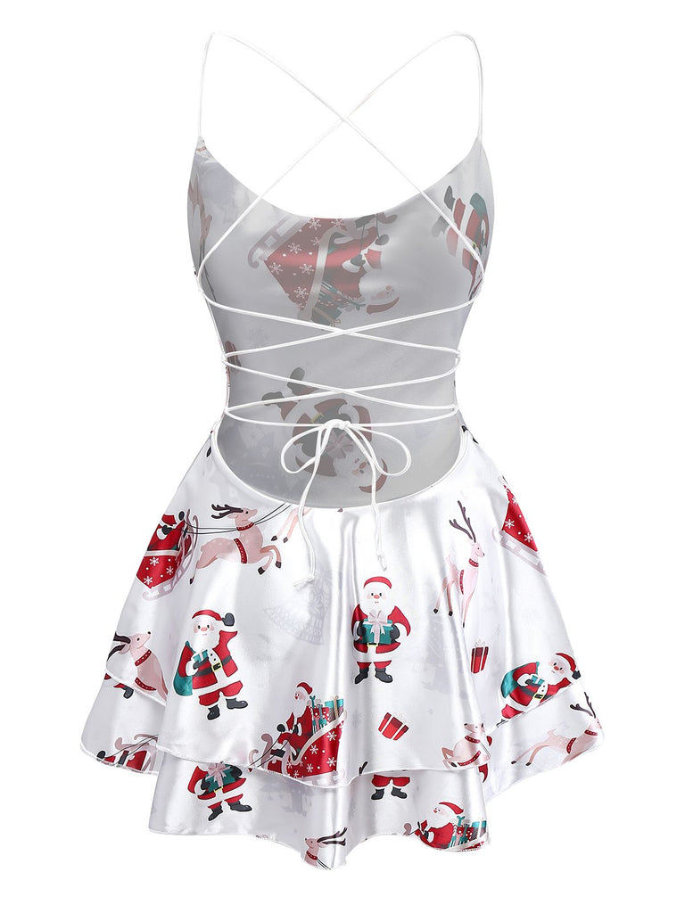 Abito con senza schienale e strati di macchie natalizie bianco anni '60