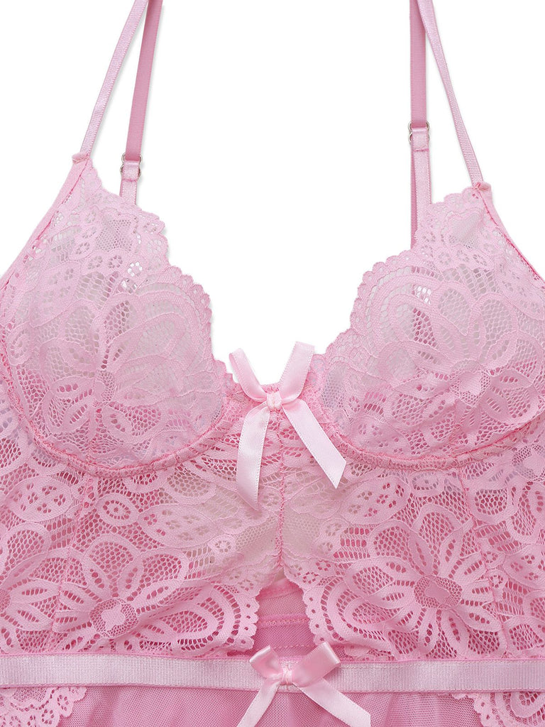 Camicia da notte con spalline sottili in pizzo rosa anni '50