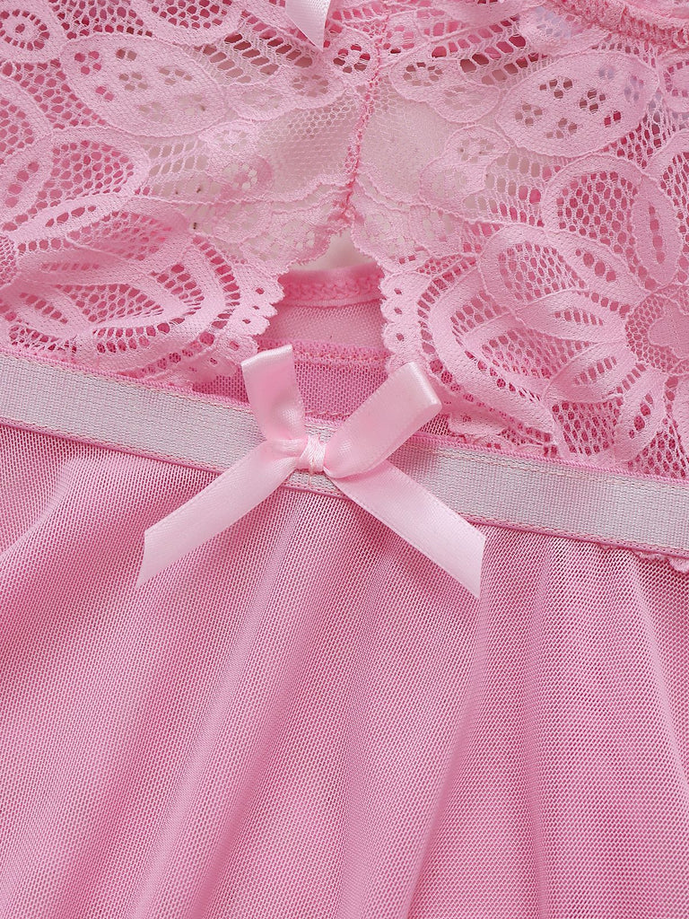 Camicia da notte con spalline sottili in pizzo rosa anni '50