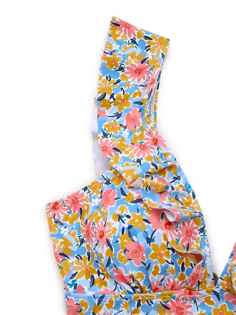 Costumi intero floreale volant scollo a V profondo anni '50