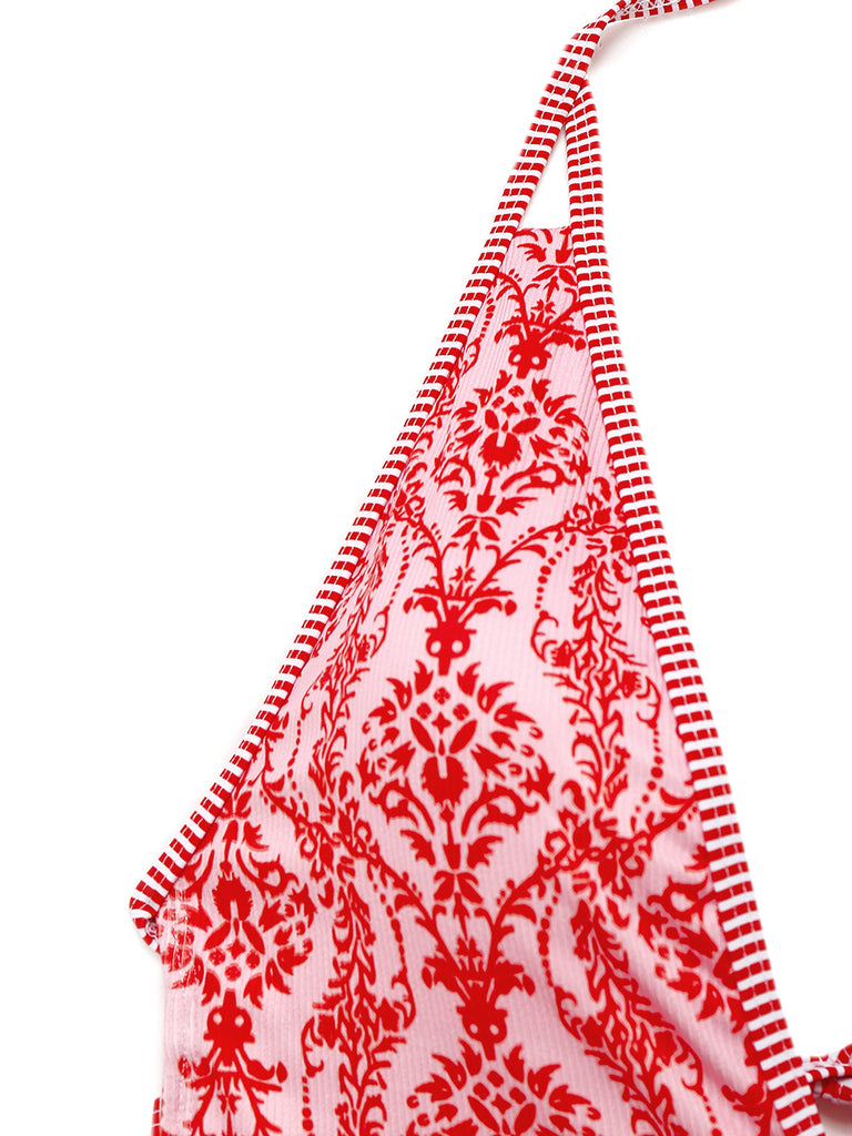 Costumi intero con stampa barocche scollo a V rosso anni '70