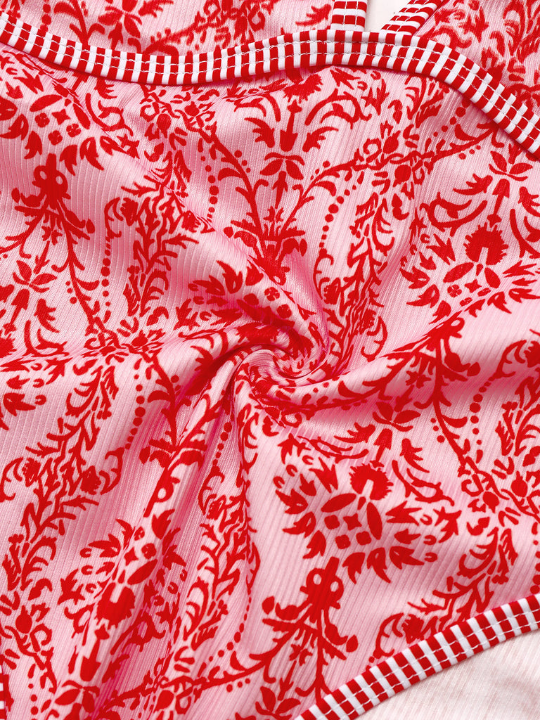 Costumi intero con stampa barocche scollo a V rosso anni '70
