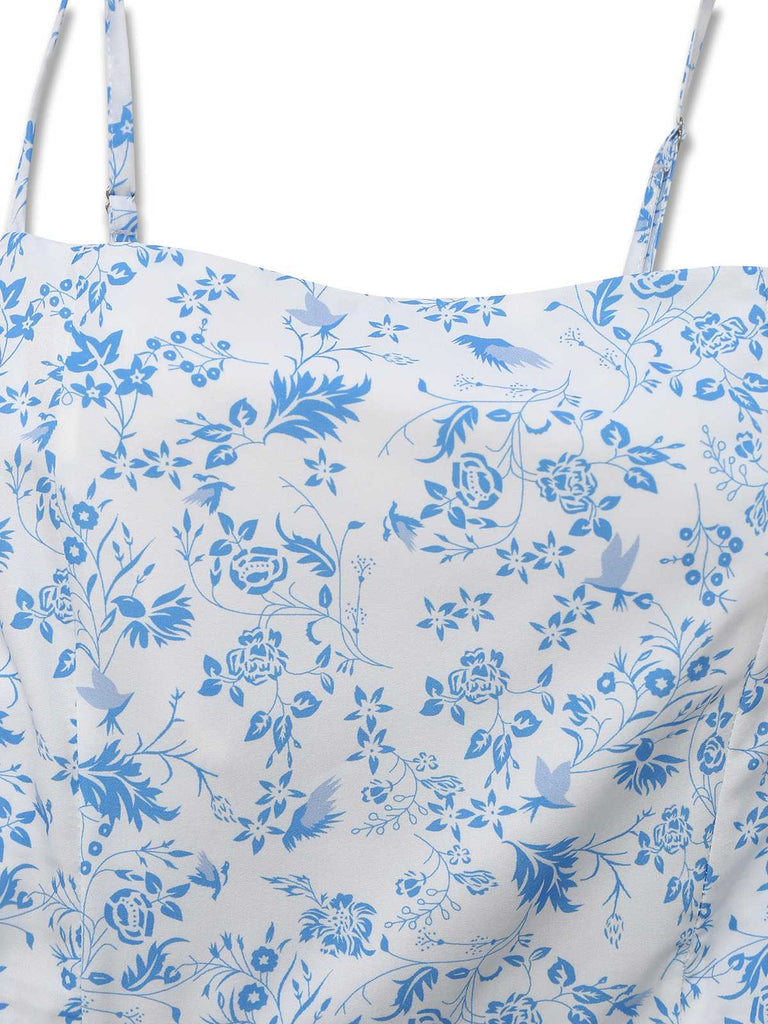 Abito a balze floreale con spalline sottili blu anni '70
