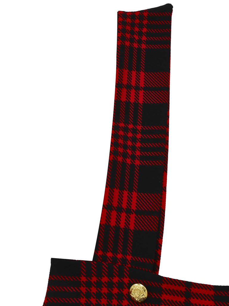 Gonna con bretelle e bottoni a quadri rosso anni '70