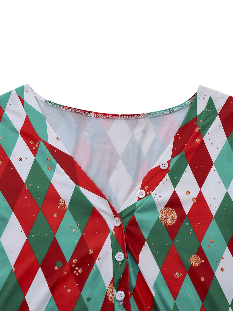 Tuta corta natalizia con orlo grezzo a griglia di diamanti anni '70