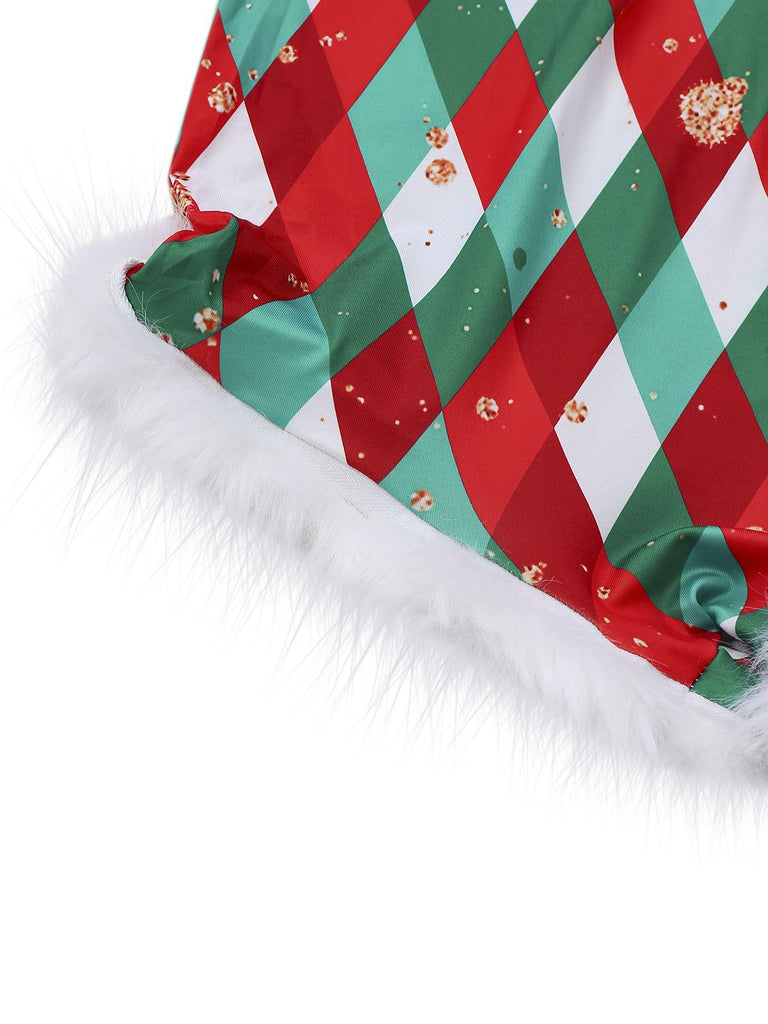 Tuta corta natalizia con orlo grezzo a griglia di diamanti anni '70