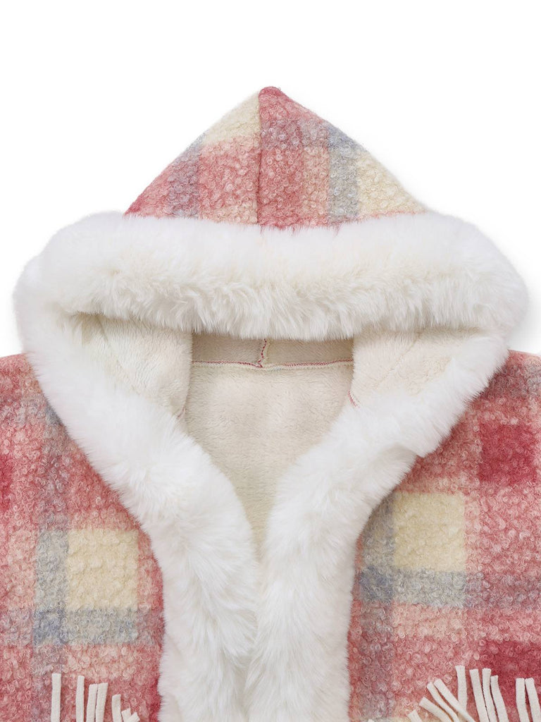 Cappotto con cappuccio in flanella a quadri e orlo sfrangiato rosa anni '30