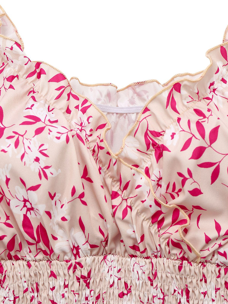Abito floreale con scollo a V e maniche a sbuffo rosa anni '40