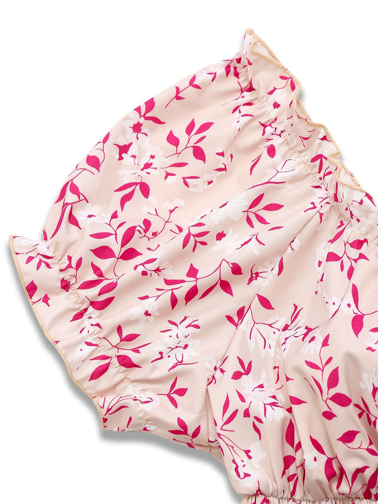 Abito floreale con scollo a V e maniche a sbuffo rosa anni '40