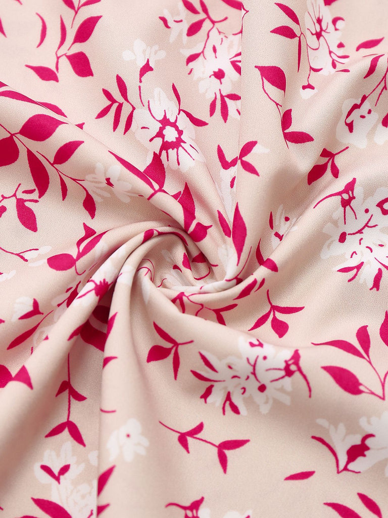 Abito floreale con scollo a V e maniche a sbuffo rosa anni '40