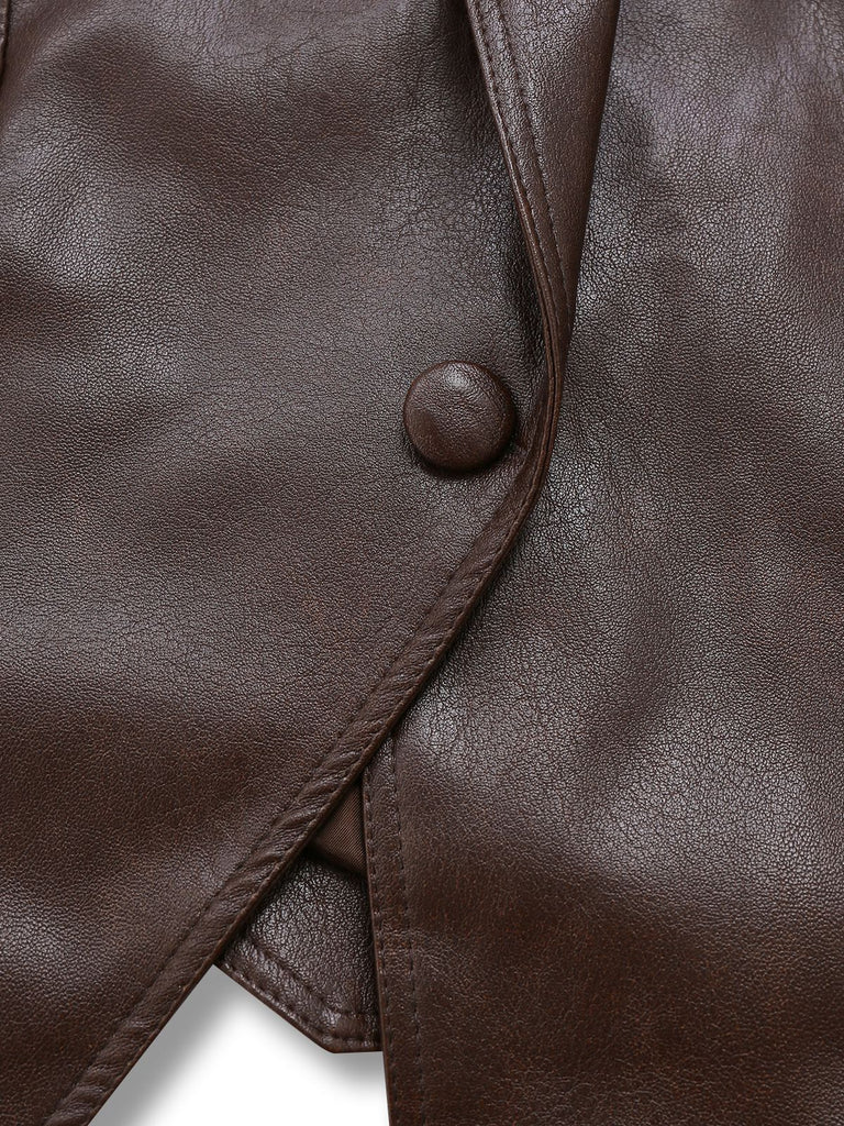 Giacca in pelle con cintura color caffè scuro anni '70