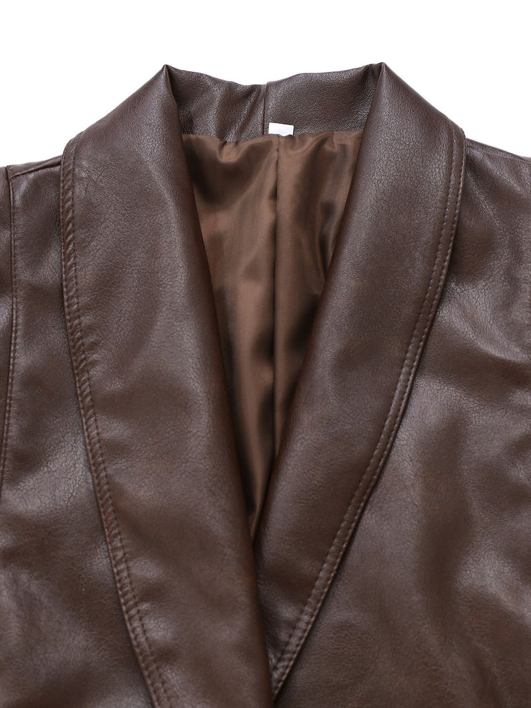 Giacca in pelle con cintura color caffè scuro anni '70