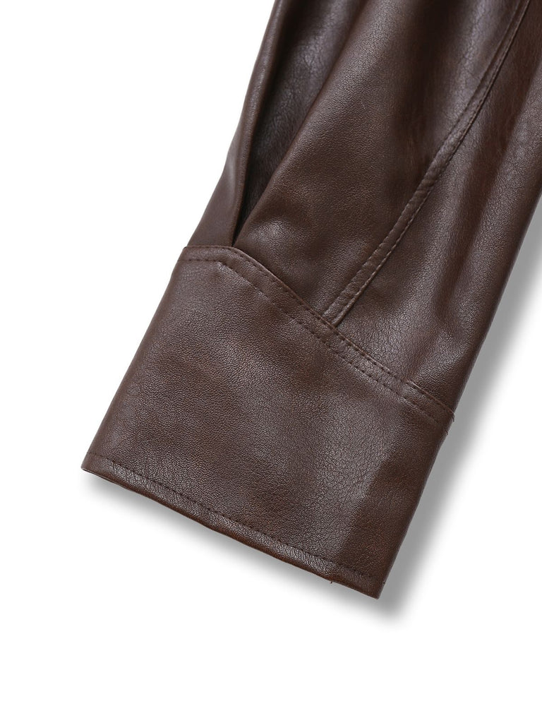 Giacca in pelle con cintura color caffè scuro anni '70