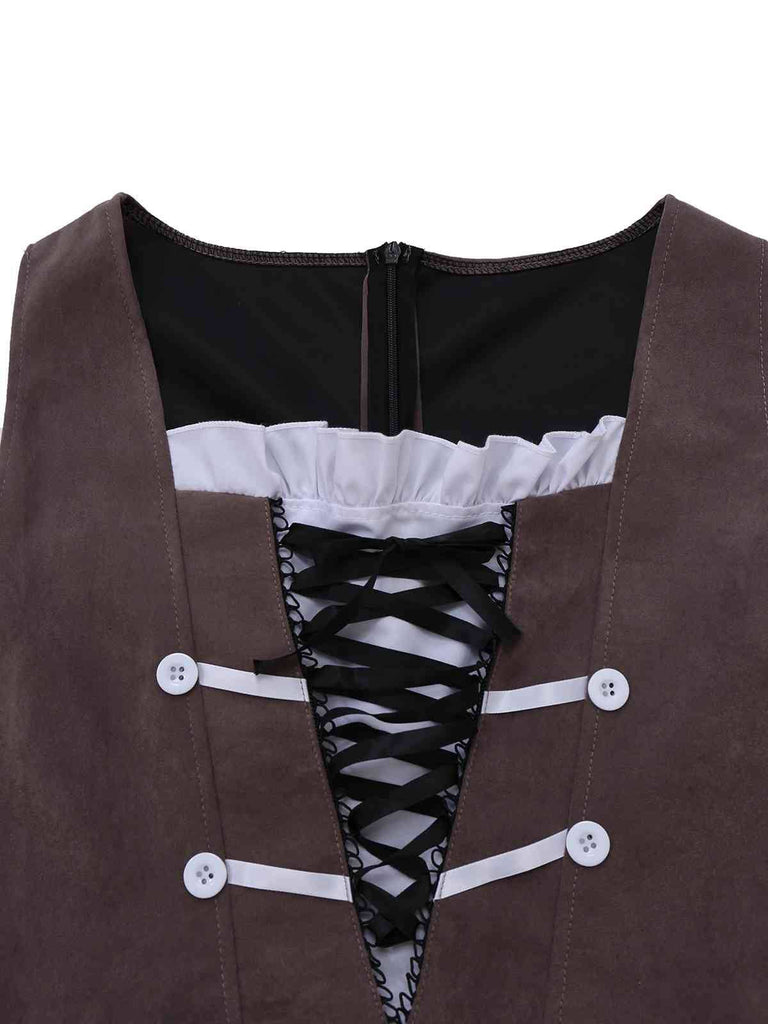 Abito corsetto con scollo quadrato e lacci marrone anni '60