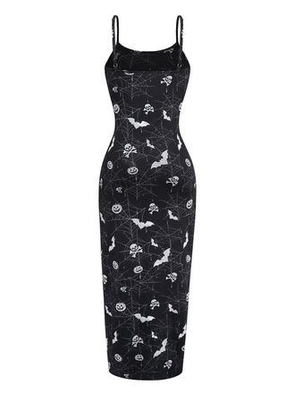 Abito midi con spacchi e stampa Halloween nero anni '50