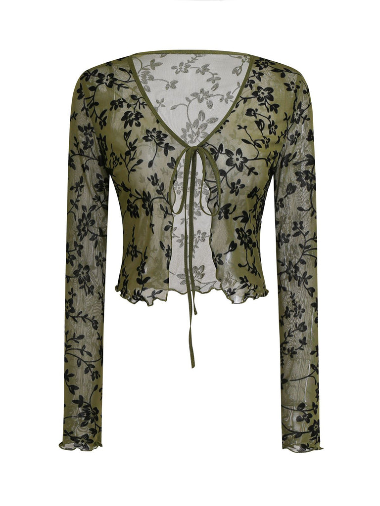 Cardigan con stampa botanica trasparente anni '80
