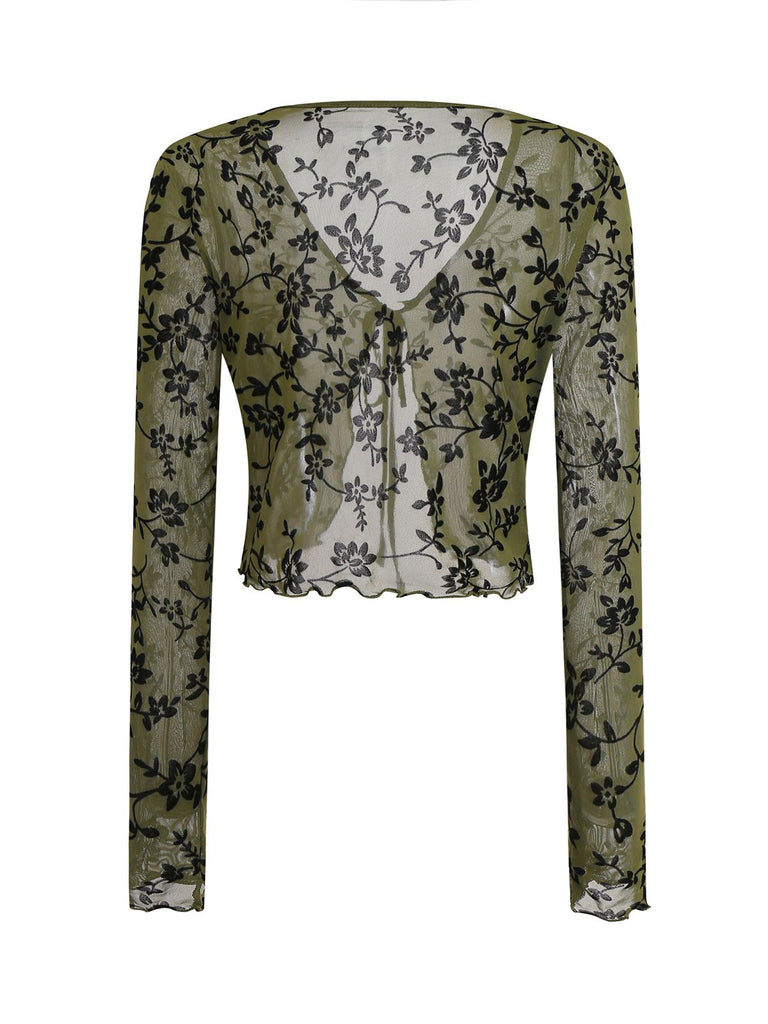 Cardigan con stampa botanica trasparente anni '80