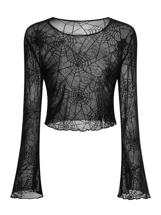 Top con stampa a ragnatela trasparente nero anni '70