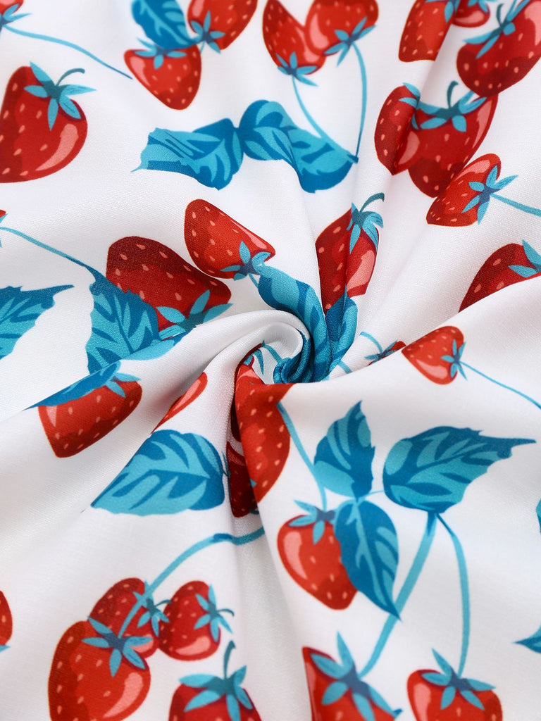 Abito a fragola con scollo quadrato e spalline larghe anni '50