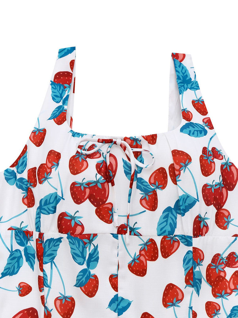 Abito a fragola con scollo quadrato e spalline larghe anni '50