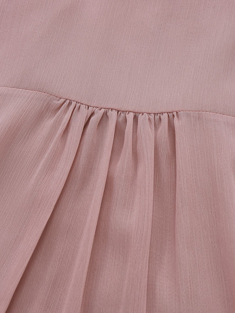 Camicetta in chiffon con volant e collo alto rosa anni '80