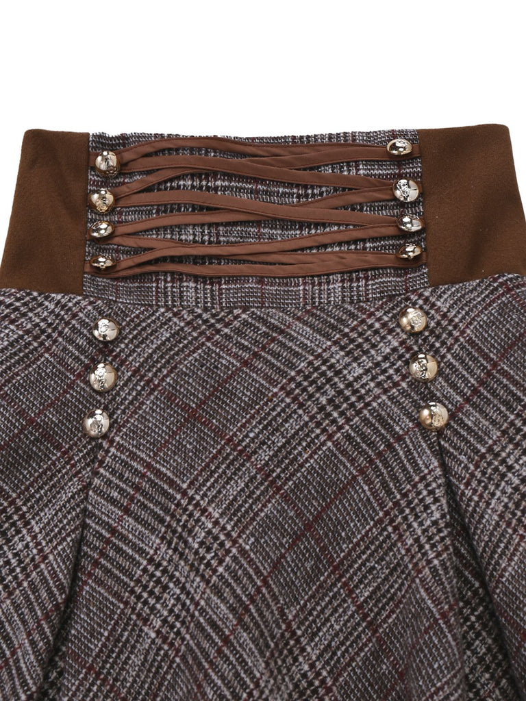 2PCS Camicetta con volant in chiffon e gonna a quadri anni '80