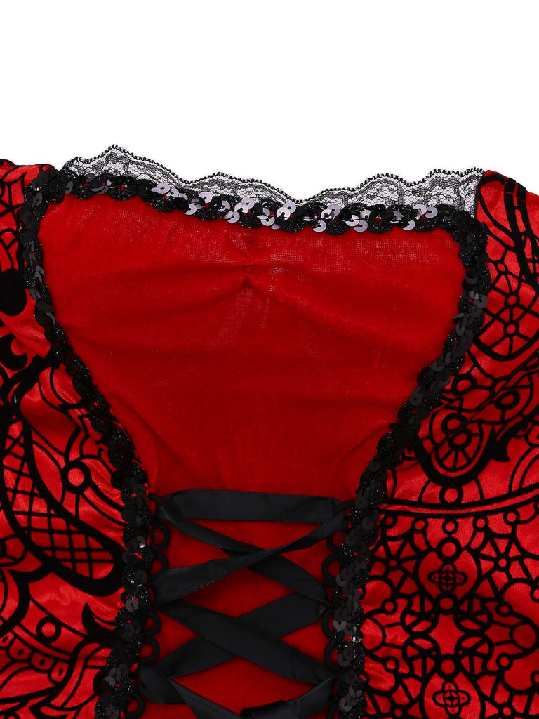 Abito senza spalline di velluto e mantello in pizzo rosso anni '80
