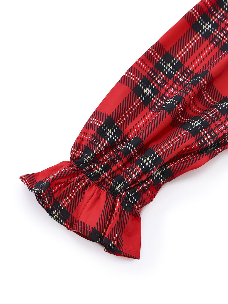 Abito a quadri con maniche lunghe e scollo a V rosso anni '50