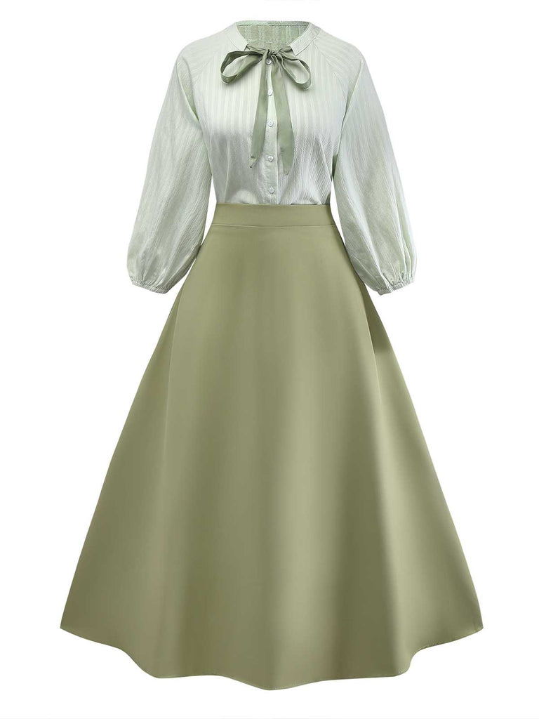 2PCS Camicetta con collo annodato e gonna tinta unita verde anni '80