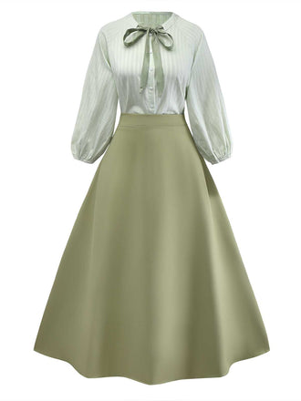 2PCS Camicetta con collo annodato e gonna tinta unita verde anni '80