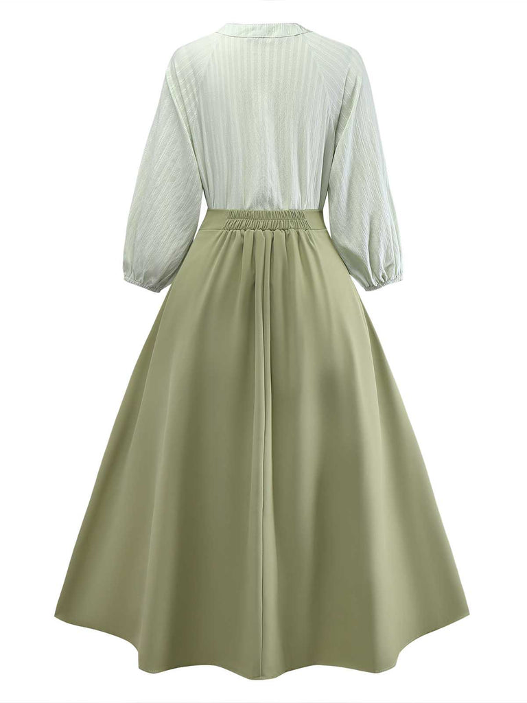 2PCS Camicetta con collo annodato e gonna tinta unita verde anni '80
