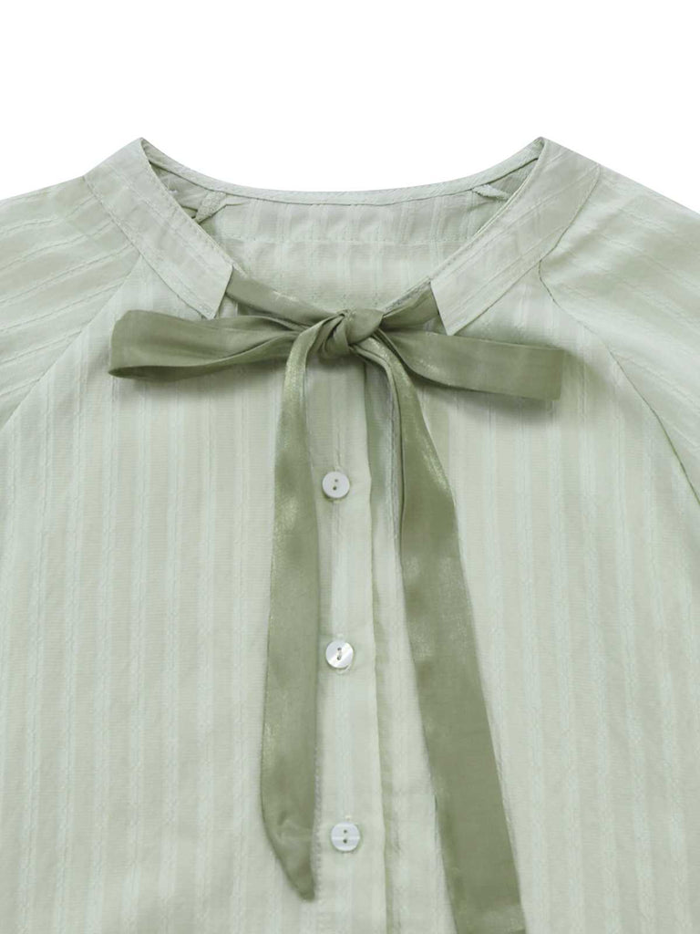 2PCS Camicetta con collo annodato e gonna tinta unita verde anni '80