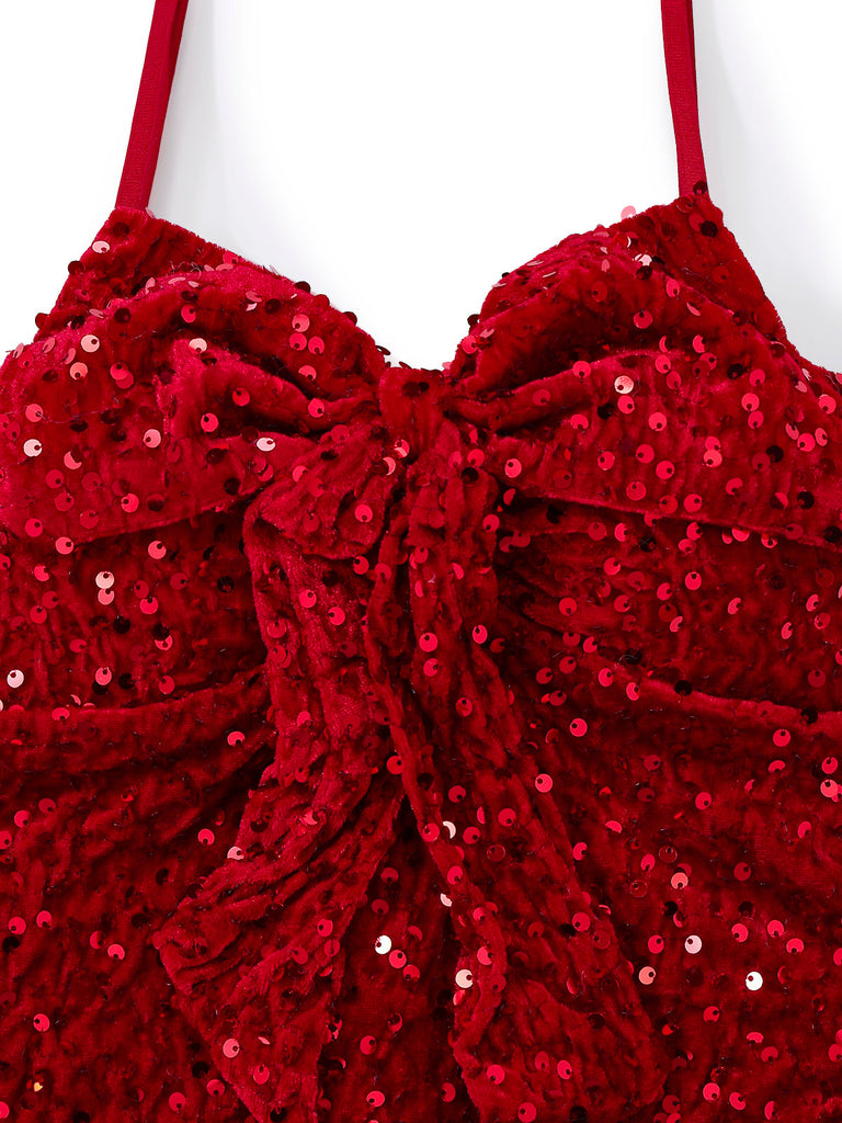 Completo con abito intrecciato con paillettes natalizie rosso anni '60