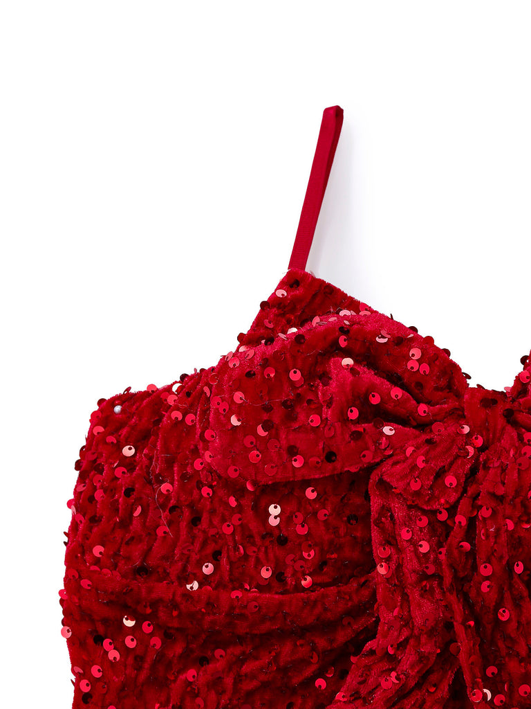 Completo con abito intrecciato con paillettes natalizie rosso anni '60