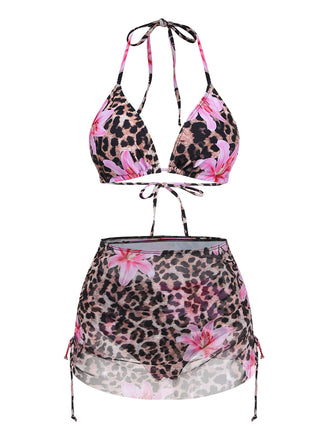 3PCS Bikini con stampa floreale leopardata anni '60