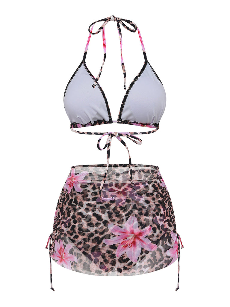 3PCS Bikini con stampa floreale leopardata anni '60