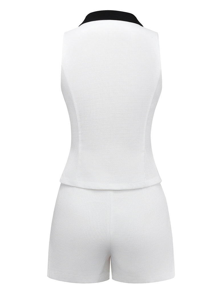 2PCS Top bianco senza maniche con revers e pantaloncini anni '60