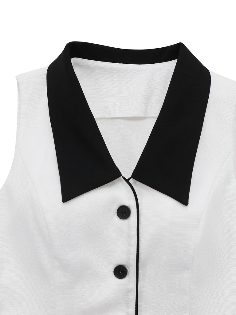 2PCS Top bianco senza maniche con revers e pantaloncini anni '60