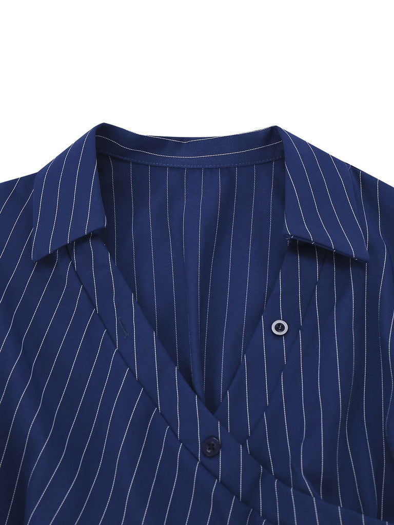 Abito camicia a righe con scollo a V blu anni '60