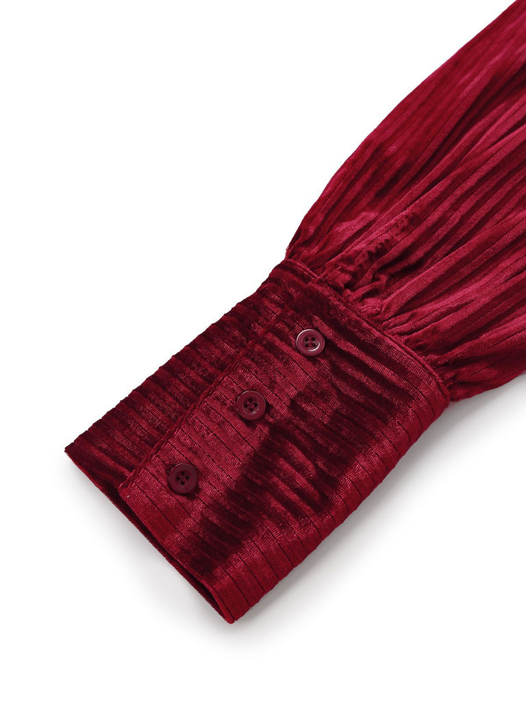 Abito in velluto con volant e colletto a fiocco bordeaux anni '60