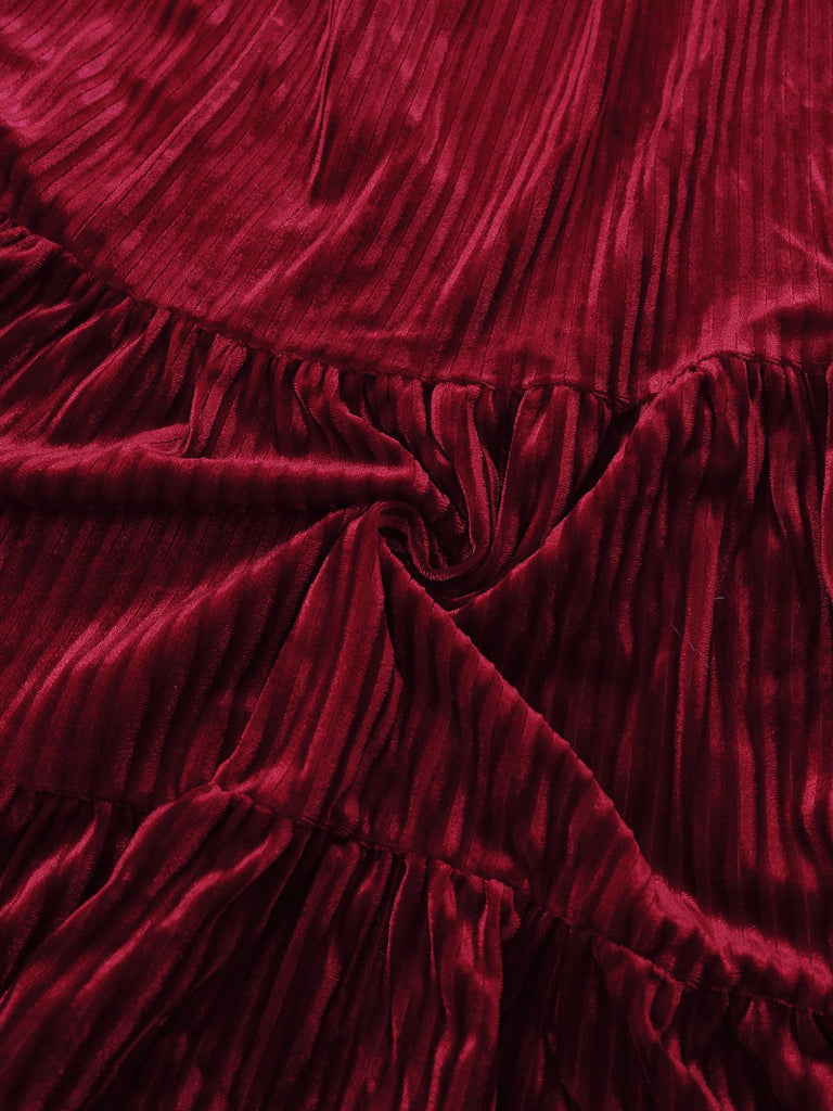 Abito in velluto con volant e colletto a fiocco bordeaux anni '60