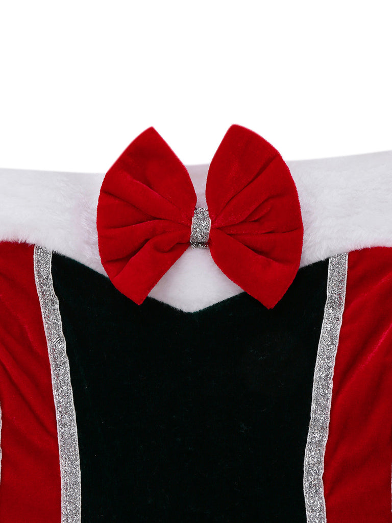 Completo abito natalizio in velluto con fiocco in pelliccia anni '60