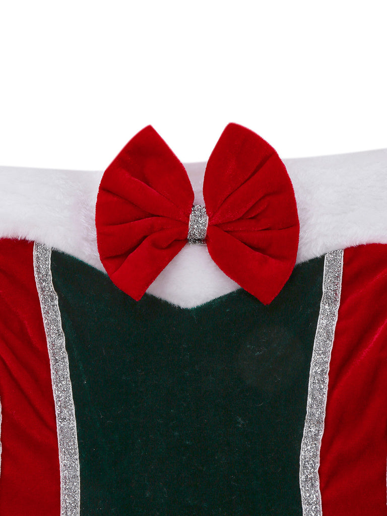 Completo abito natalizio in velluto con fiocco in pelliccia anni '60