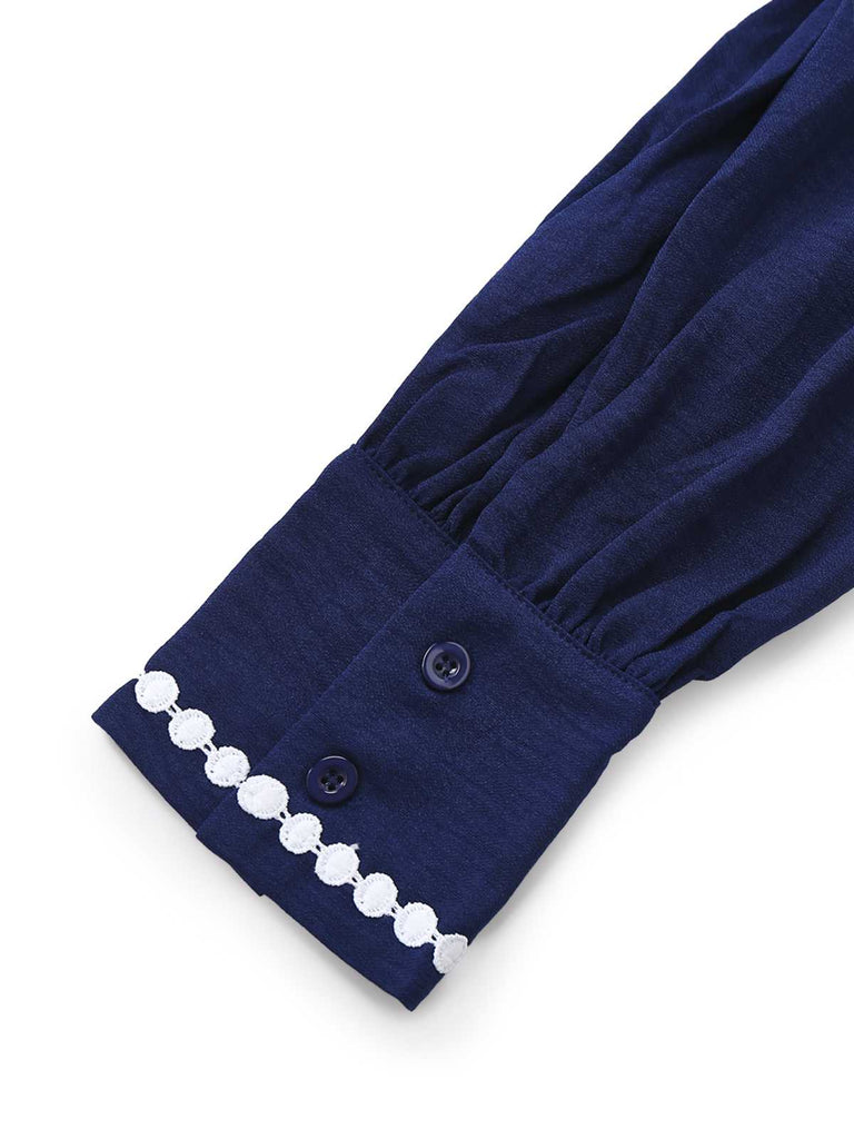 Abito camicia con cintura e finiture a contrasto blu scuro anni '40