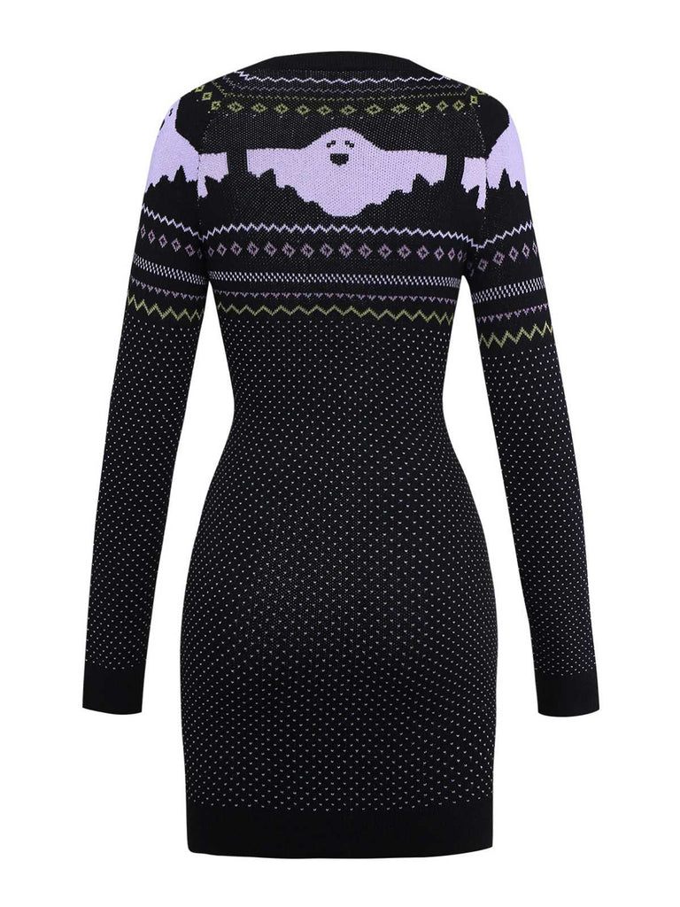 Abito in maglia con pois e fantasma Halloween nero anni '60