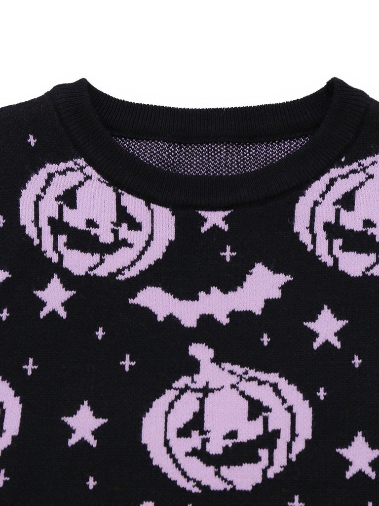 Maglione lavorato a maglia con pipistrello e zucca nero anni '70